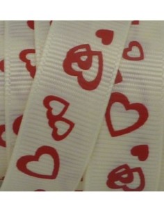 Ruban fantaisie motif coeur rouge sur fond beige ivoire