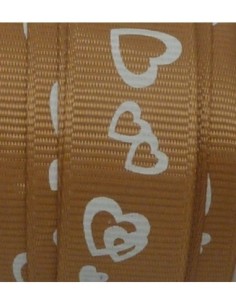Ruban galon fantaisie de couleur marron camel avec coeur blanc