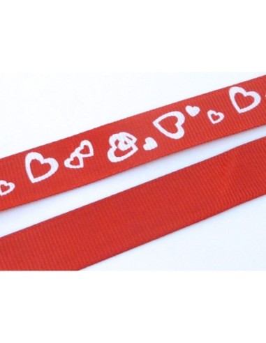 Ruban polyester rouge motif coeur blanc 15mm