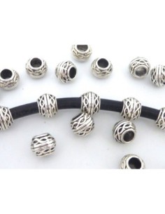 Perle ronde gravé en métal argenté à gros trou