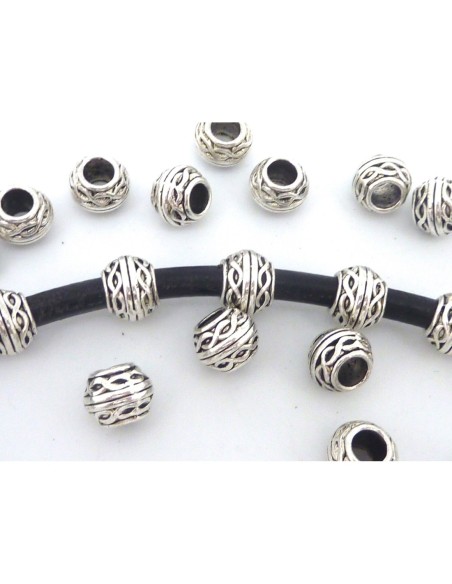 Perle ronde gravé en métal argenté à gros trou