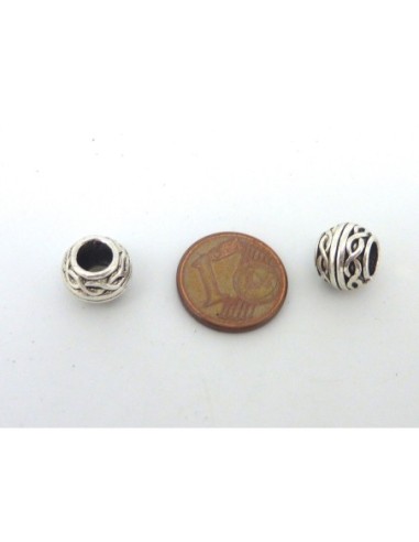 Perle à gros trou en métal argenté travaillé