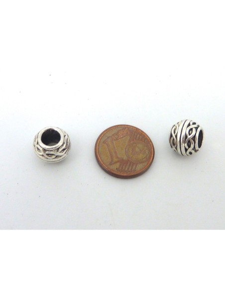 Perle à gros trou en métal argenté travaillé