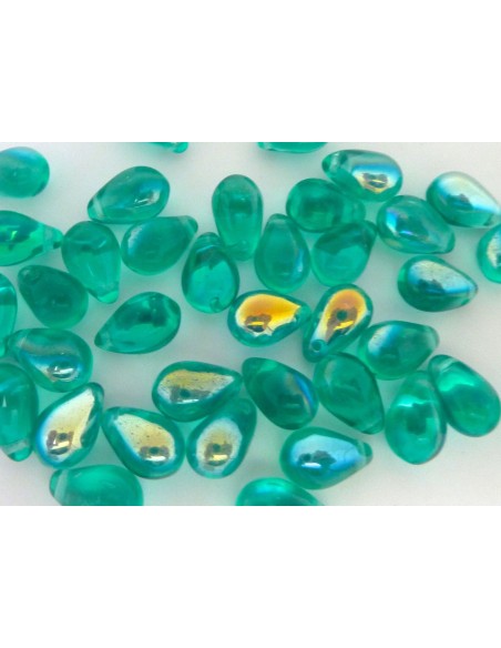 Perle goutte en verre de couleur bleu zircon émeraude irisé 9,2mm