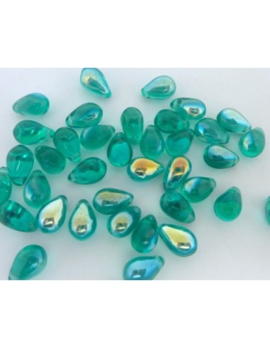 Perle forme larme en verre de couleur bleu zircon émeraude irisé 9,2mm