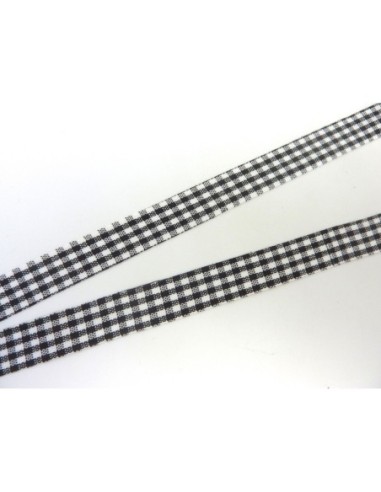 Ruban Galon plat 12mm vichy blanc et noir en polyester fin et très souple