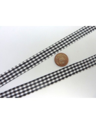 Ruban Galon plat 12mm vichy blanc et noir en polyester fin et très souple