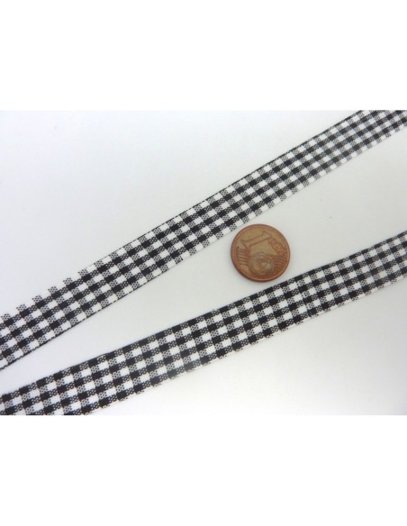 Ruban Galon plat 12mm vichy blanc et noir en polyester fin et très souple
