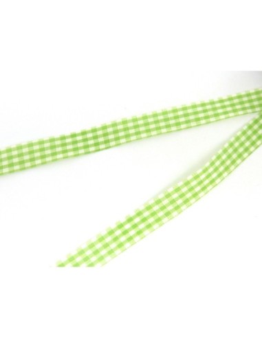 Ruban Galon plat 12mm vichy blanc et vert anis en polyester fin et très souple