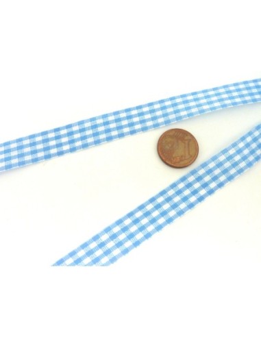 2,50m Ruban Galon plat 12mm vichy blanc et bleu pâle anis en polyester fin et très souple