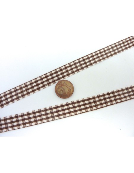 Ruban Galon plat 12mm vichy blanc et marron en polyester fin et très souple