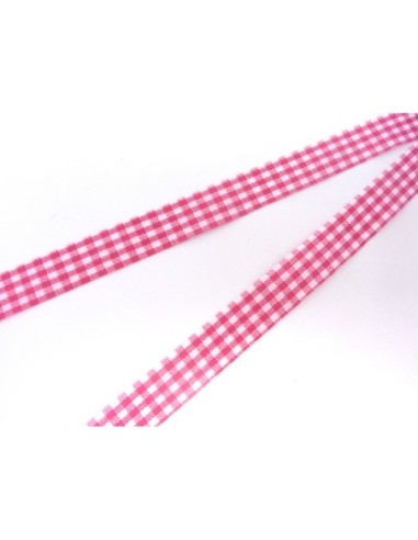 Ruban Galon plat 12mm vichy blanc et rose vif en polyester fin et très souple
