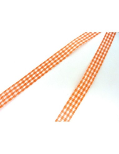 Ruban Galon plat 12mm vichy blanc et orange en polyester fin et très souple