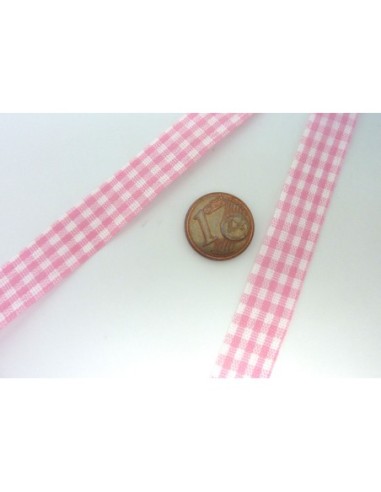 Ruban Galon plat 12mm vichy blanc et rose pâle en polyester fin et très souple