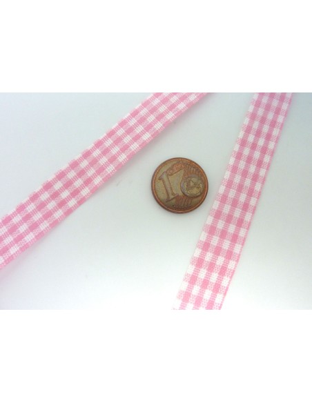 Ruban Galon plat 12mm vichy blanc et rose pâle en polyester fin et très souple