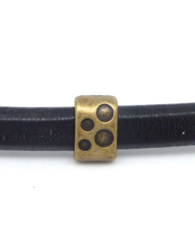 5 perles passant rectangle arrondi gravé de points en métal de couleur bronze pour cuir regaliz ou deux cordons de 6mm