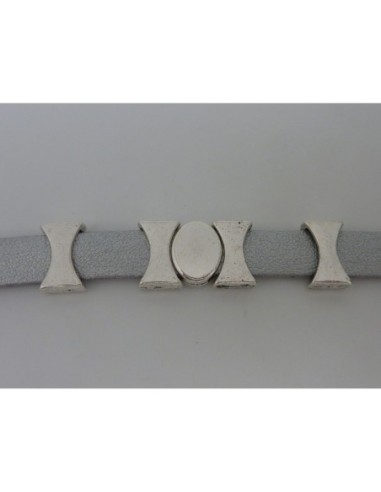 5 perles passant pastille ovale en métal argenté lisse et mate pour lanière de 10mm