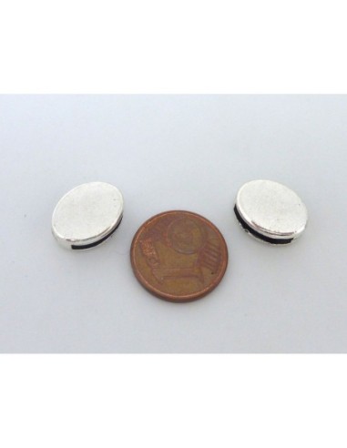 5 perles passant pastille ovale en métal argenté lisse et mate pour lanière de 10mm