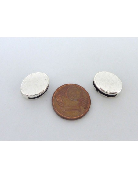 5 perles passant pastille ovale en métal argenté lisse et mate pour lanière de 10mm