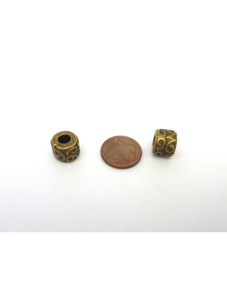 R-15 Perles cylindre 10,2mm gravé à gros trou 4,8mm en métal de couleur bronze style ethnique