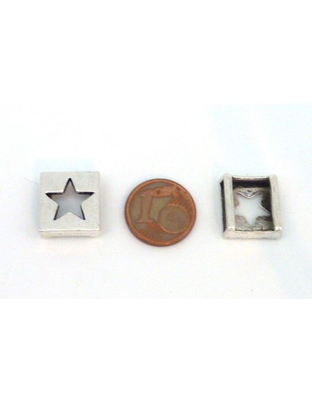 10 Perles passant étoile carré 13mm en métal argenté