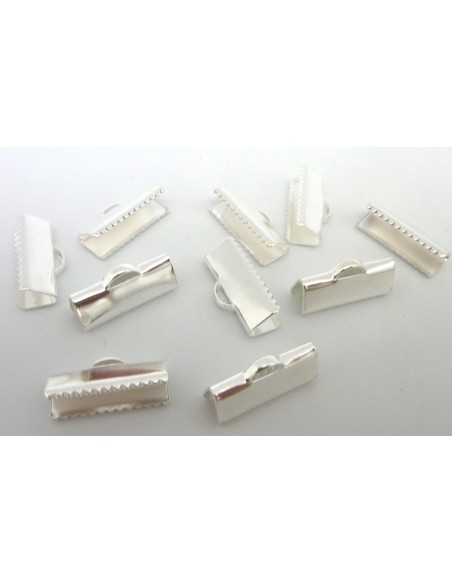 10 Embouts griffe 16mm serre ruban, lacet, fil cordon en métal argenté lisse brillant