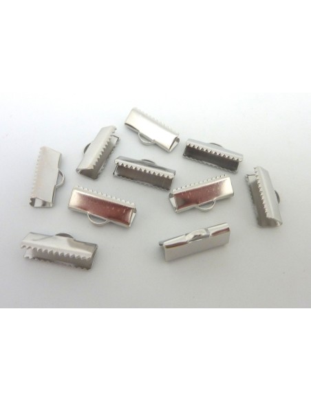 10 Embouts griffe 16mm serre ruban, lacet, fil cordon en métal argenté lisse