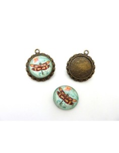 Pendentif Cabochon plus support motif libellule verte