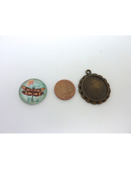 Pendentif Cabochon plus support motif libellule verte