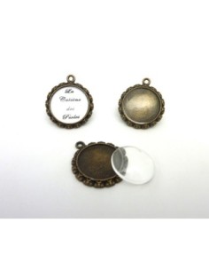 Pendentif en métal de couleur bronze travaillé plus cabochon verre rond de 20mm