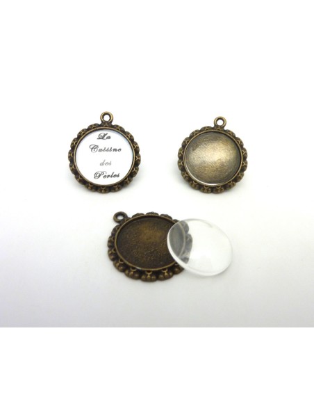 Pendentif en métal de couleur bronze travaillé plus cabochon verre rond de 20mm