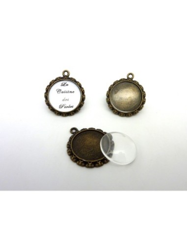 Pendentif en métal de couleur bronze travaillé plus cabochon verre rond de 20mm