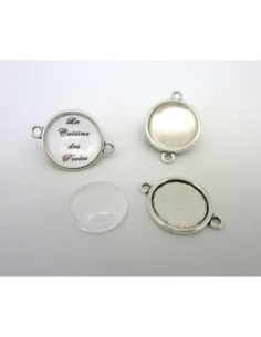 Support cabochon connecteur 32,2mm rond en métal argenté  + cabochon rond en verre 20mm