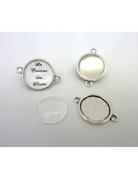 Support cabochon connecteur 32,2mm rond en métal argenté  + cabochon rond en verre 20mm