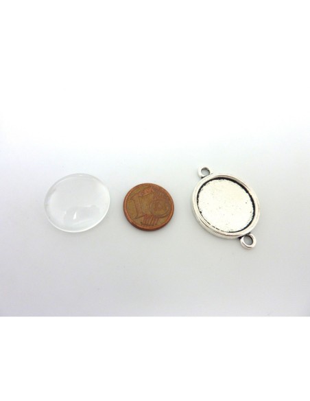 Support cabochon connecteur rond en métal argenté  + cabochon rond en verre 20mm