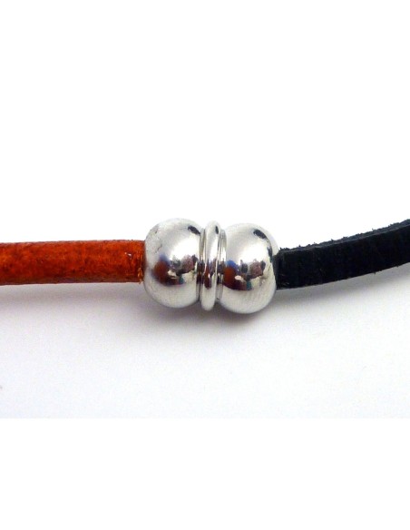 Fermoir aimanté rond 2 boules 13mm avec strie au milieu en métal argenté pour cordon 4 - 4,5mm