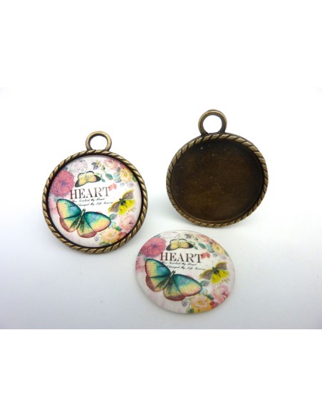 Grand Support cabochon pendentif 40,7mm rond en métal de couleur bronze  + cabochon rond en verre 30mm motif papillon