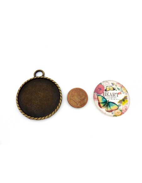 Grand Support cabochon pendentif 40,7mm rond en métal de couleur bronze  + cabochon rond en verre 30mm motif papillon