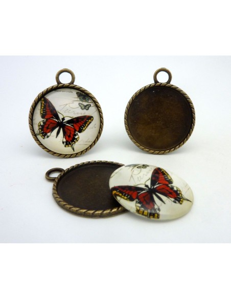 R-Grand Support cabochon pendentif 40,7mm rond en métal de couleur bronze  + cabochon rond en verre 30mm motif papillon