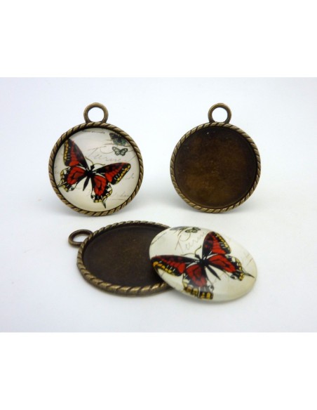 R-Grand Support cabochon pendentif 40,7mm rond en métal de couleur bronze  + cabochon rond en verre 30mm motif papillon