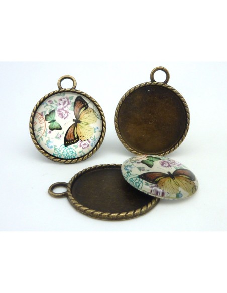 Grand Support cabochon pendentif 40,7mm rond en métal de couleur bronze  + cabochon rond en verre 30mm motif papillon