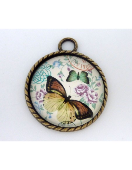Grand Support cabochon pendentif 40,7mm rond en métal de couleur bronze  + cabochon rond en verre 30mm motif papillon