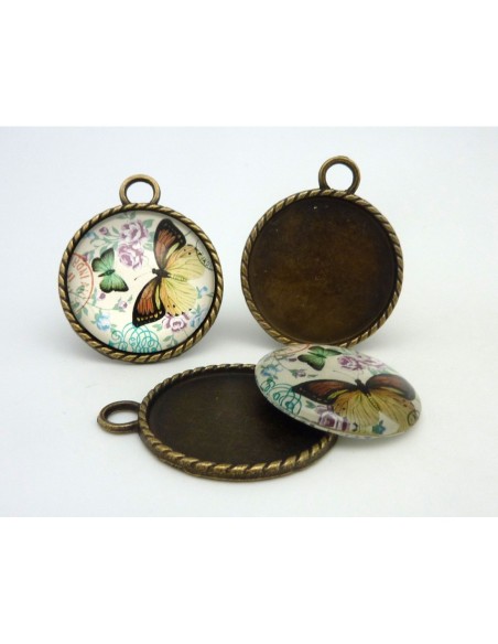Grand Support cabochon pendentif 40,7mm rond en métal de couleur bronze  + cabochon rond en verre 30mm motif papillon