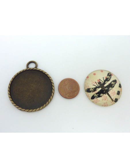 R-Grand Support cabochon pendentif 40,7mm rond en métal de couleur bronze  + cabochon rond en verre 30mm motif libellule