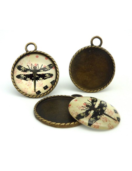 R-Grand Support cabochon pendentif 40,7mm rond en métal de couleur bronze  + cabochon rond en verre 30mm motif libellule