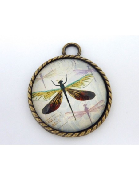 R-Grand Support cabochon pendentif 40,7mm rond en métal de couleur bronze  + cabochon rond en verre 30mm motif libellule