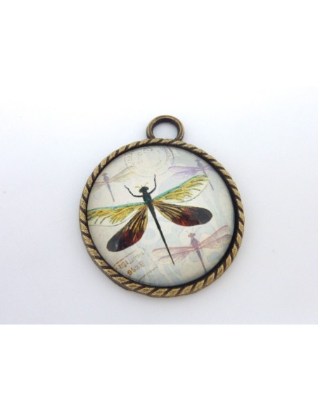 R-Grand Support cabochon pendentif 40,7mm rond en métal de couleur bronze  + cabochon rond en verre 30mm motif libellule