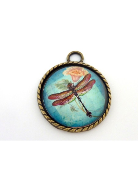 Grand Support cabochon pendentif 40,7mm rond en métal de couleur bronze  + cabochon rond en verre 30mm motif libellule