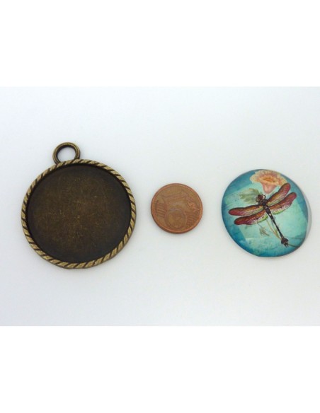 Grand Support cabochon pendentif 40,7mm rond en métal de couleur bronze  + cabochon rond en verre 30mm motif libellule
