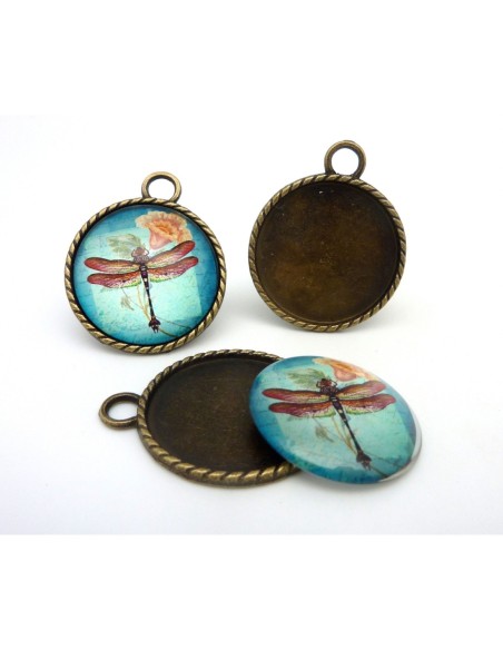 Grand Support cabochon pendentif 40,7mm rond en métal de couleur bronze  + cabochon rond en verre 30mm motif libellule